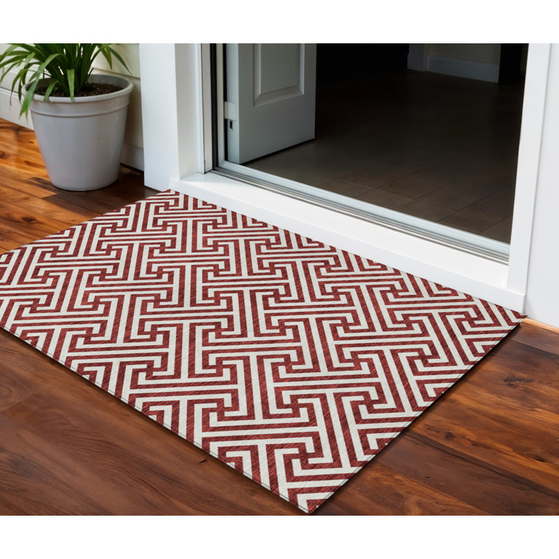 Tapis extérieur lavable à motif géométrique 3 pi x 5 pi Merlot and Ivory