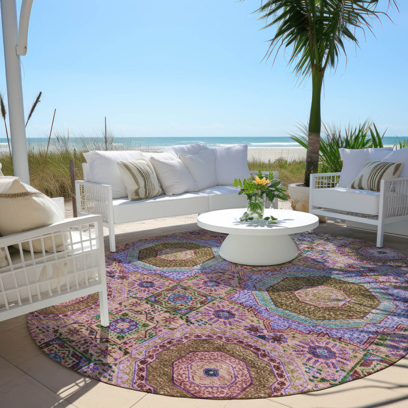 Machine Washable Indoor/Outdoor Xhevrie Pink Rug, Round 8'