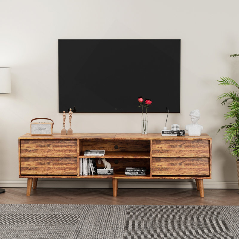 Meuble télé de 63 pouces de style rétro et biseauté, meuble télé avec tiroirs, meuble télé pour salon, console multimédia