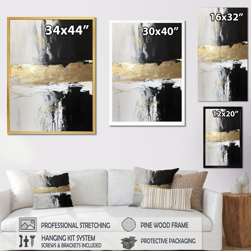 Dimensions horizontales abstraites or noir - reproductions d'art sur toile, 20" H x 12" W, Cadre flottant noir