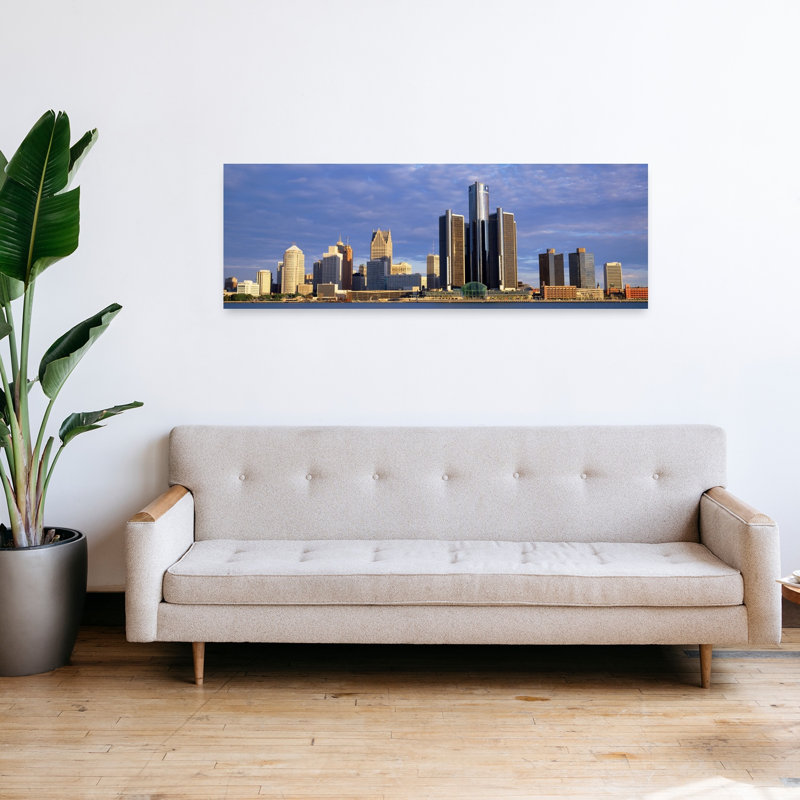 Skyscrapers at the waterfront Detroit Michigan USA 1 Piece Wrapped Canvas Panoramic Wall Art, 40.64 cm H x 121.92 cm W