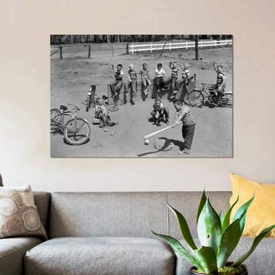 " 1950s 10 Neighborhood Boys Playing Sand Lot Baseball Most Wear Blue Jeans Tee Shirts " Black and White Photography