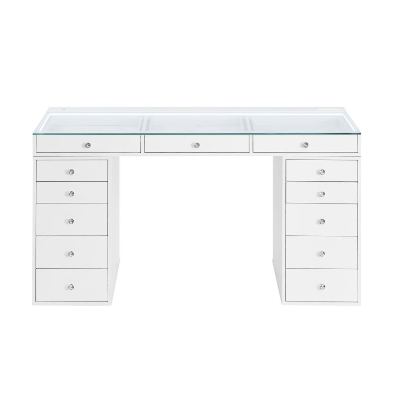 Coiffeuse Slaystation Radiant Pro 2.0 avec lumière DEL, plateau en verre transparent et 13 tiroirs de rangement