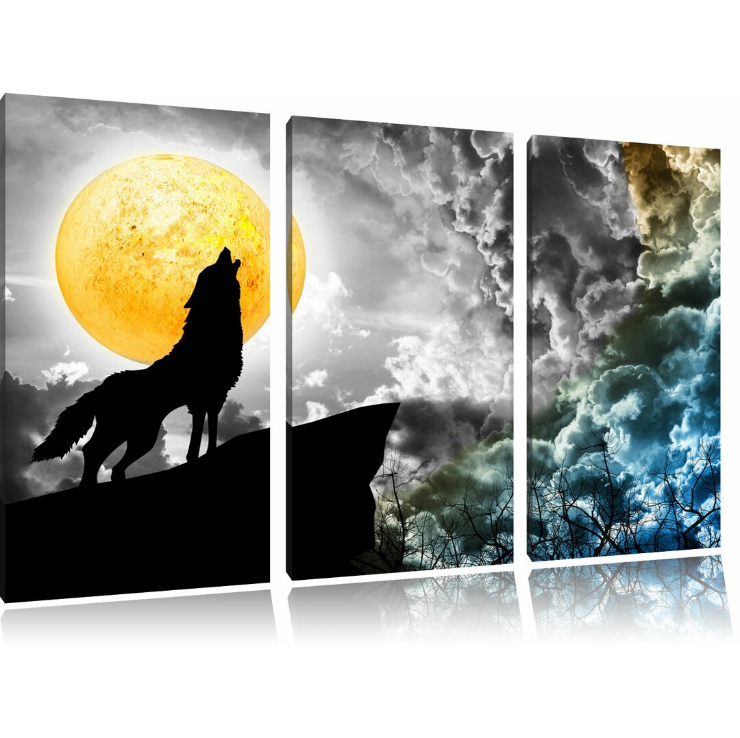 3-tlg. Leinwandbilder-Set „Mystischer Wolf im Vollmond", Grafikdruck