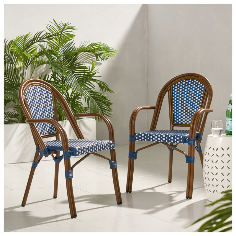 Set of 2 Bistro Chairs with Woven Rattan Backs and Aluminum Frames in White and Navy