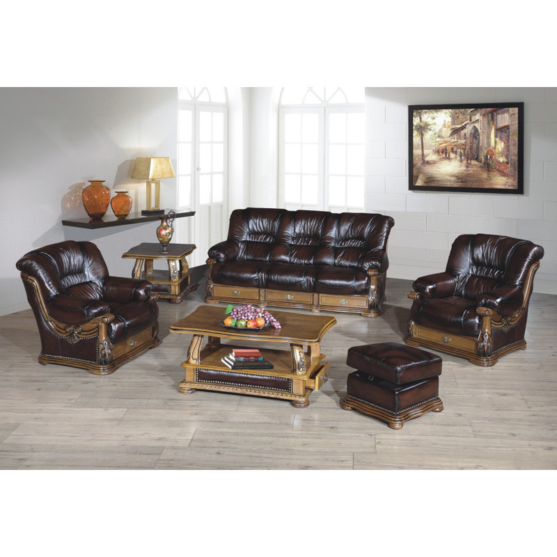 Click 50cm Wide Genuine Leather Square Solid Colour Ottoman, Two-Tone Tan