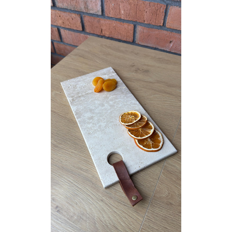 Leather Decorated Travertine Rectangular Presentation Tray, Ivory