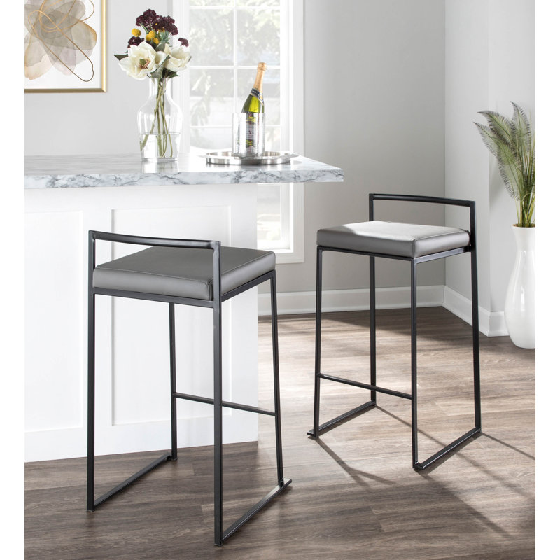 Tabouret de bar et de comptoir Ernestine, Noir, Similicuir gris, Tabouret de comptoir (siège d'une hauteur de 27 p