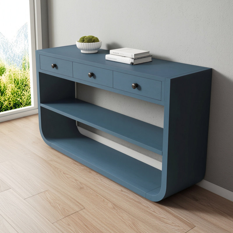 Console Classic Design avec 3 tiroirs et 2 tablettes ouvertes, Blue