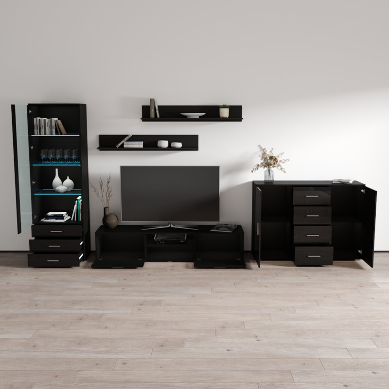 Sabala 150" Modern Entertainment Center with 16-Color LED Lighting, High Gloss Finish, Media Storage, Black