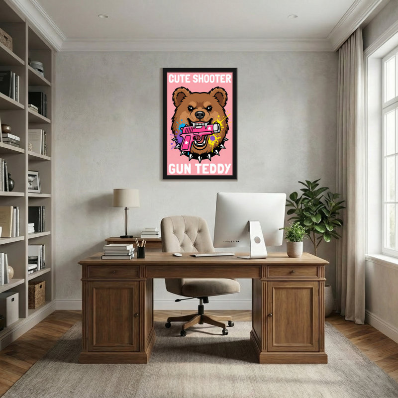 Ours en peluche avec pistolet rose, H 18 po x l 12 po