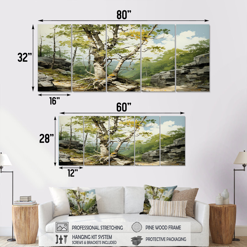 «Birch Tree Forest Essence IV», ensemble d'art mural 5 pièces, H 28 po x l 60 po