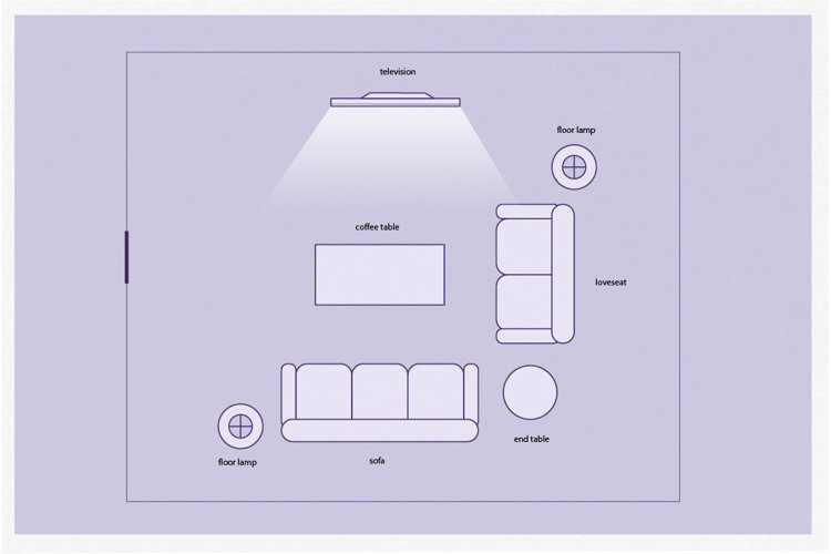 illustration of a small living room layout where the sofa and love seat arranged in an L in the center of the living room