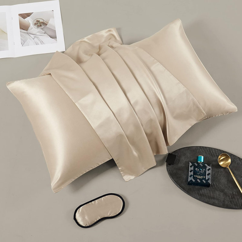 Ensemble de taie d'oreiller en soie et masque de sommeil en soie, Taie d'oreiller très grande, Beige