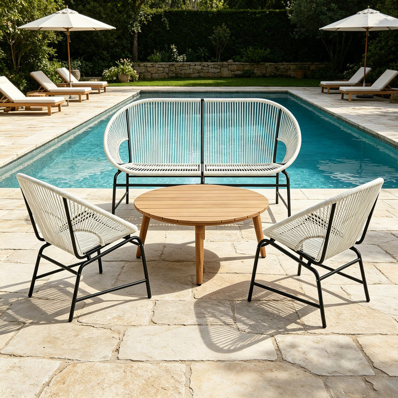 Ensemble de conversation en rotin blanc 4 pièces avec table en bois d'acacia - causeuse + 2 chaises + table basse carrée pour patio / terrasse / jardin