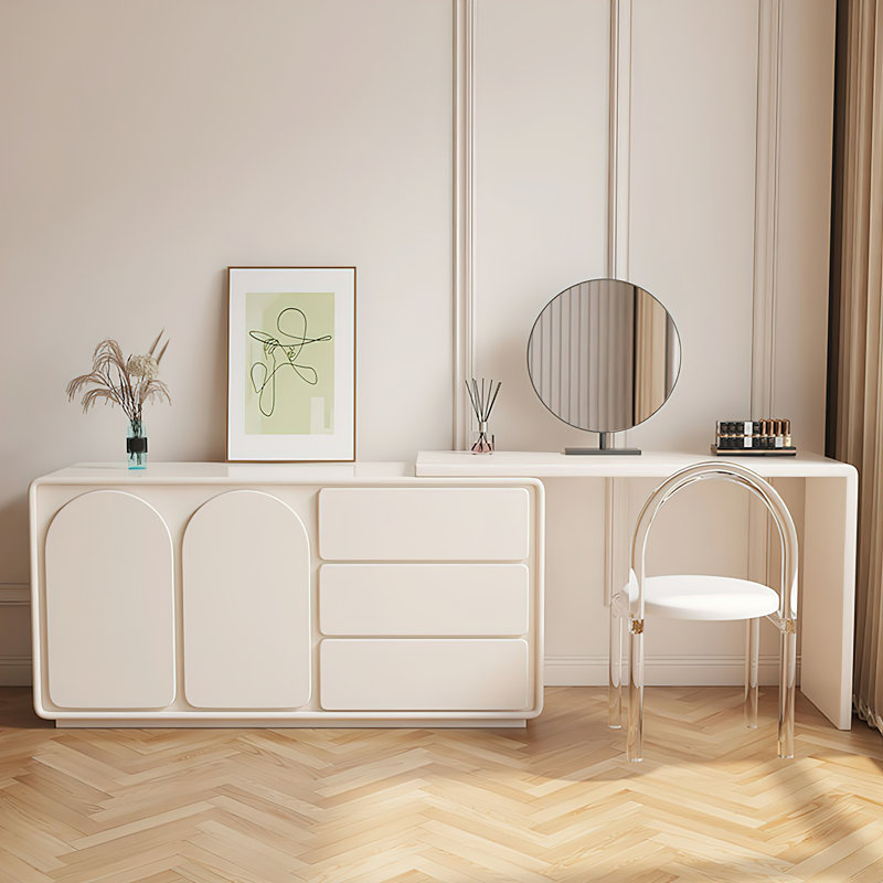 Ensemble de coiffeuse à maquillage extensible avec miroir et tabouret, finition crème, 3 tiroirs et armoires de rangement, 55 à 110 po