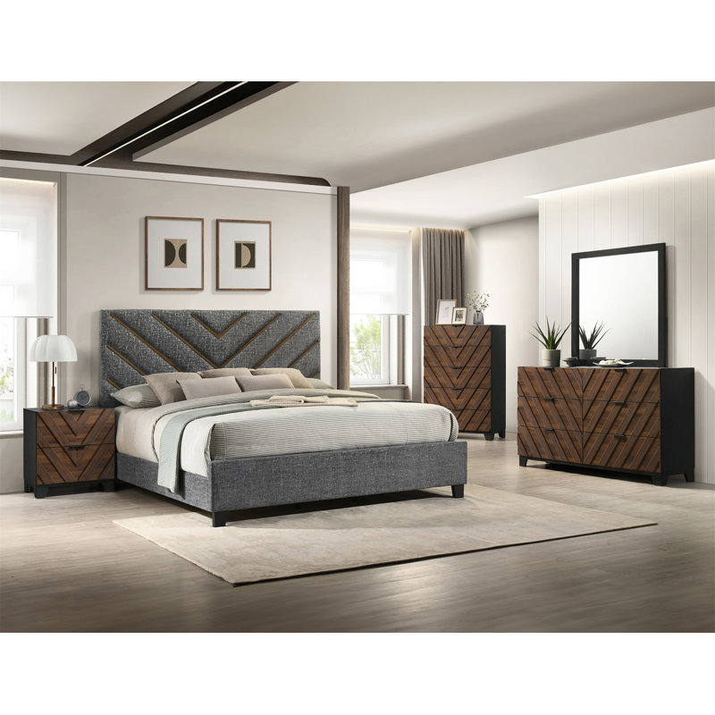 Commode contemporaine 1 pièce à six tiroirs, fini bois riche, motif en chevron spectaculaire, meuble en bois