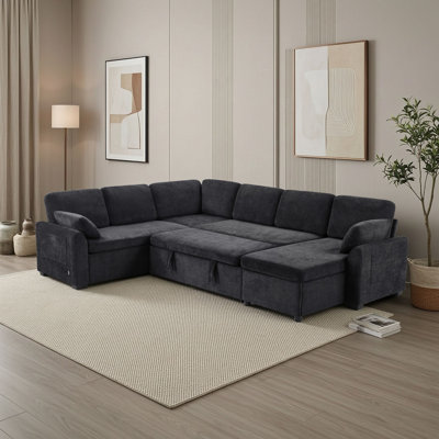 Canapé d'angle 5 places avec méridienne, poches de rangement dans les accoudoirs, prises électriques et ports USB