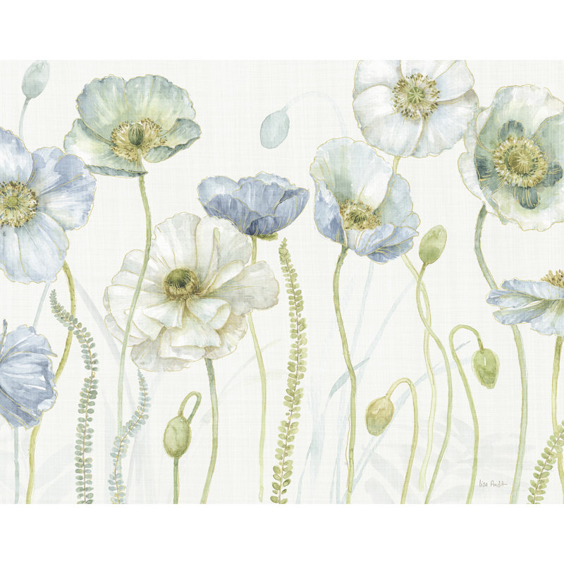 Poppy Flowers, Gilded, Gold, Blue, Fern, On White III, 26" H x 50" W x 1.5" D