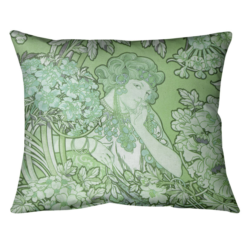 Coussin lombaire à fleurs alphonse mucha, Vert, Duvet synthétique, 14 po x 10 po