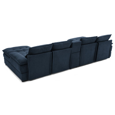 6 places, bleu, revêtu de lin, 130 po, en forme de U, canapé-lit, appartement, console, porte-gobelets, rembourrage double couche, structure en bois et fer de 130 po avec revêtement bleu console,