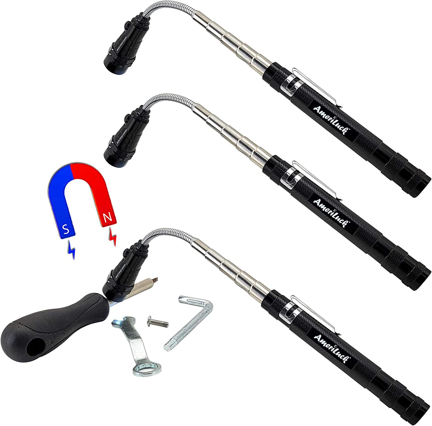 AmeriLuck 3 Pack Telescopic Pickup Tool With Led Flashlight, Extensible ...
