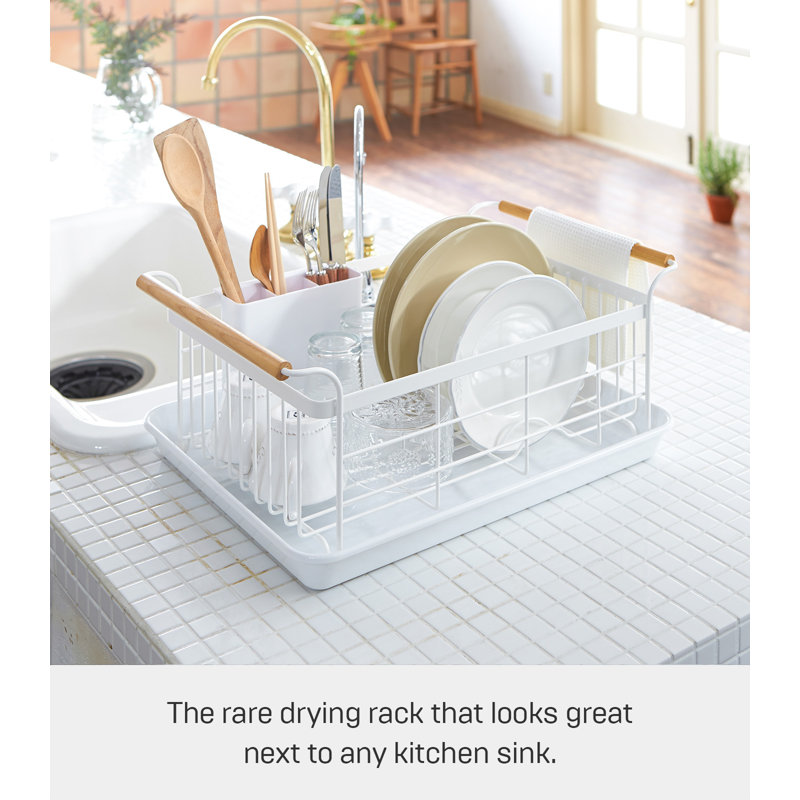 Tosca 13'' White Steel Dish Drainer Rack with Wood-Accent Handles