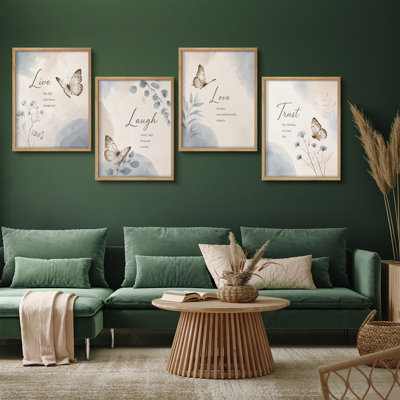 Doux neutre, papillon bleu et beige, citation inspirante, typographie «Live Laugh Love Trust», impression d'art mural encadré minimaliste et élégant, ensemble de 4 - chambre à coucher, salon, chambre de bébé ou couloir