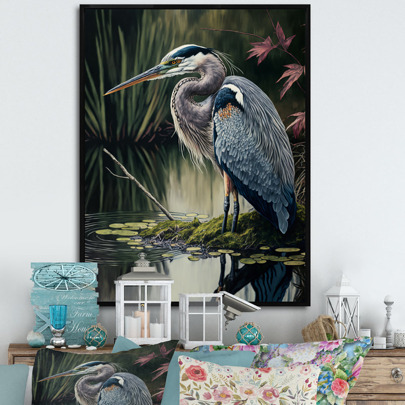 Héron au bord de la rivière - reproduction sur toile, H 40 po x l 30 po x P 1,5 po, Toile avec cadre flottant noir