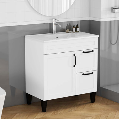 Meuble-lavabo de 31,5 po avec lavabo combiné, armoire avec 1 porte et 2 tiroirs, poignée en métal, pieds, charnière à fermeture en douceur, armoire de salle de bain Mordern, lavabo en céramique, assemblage facile
