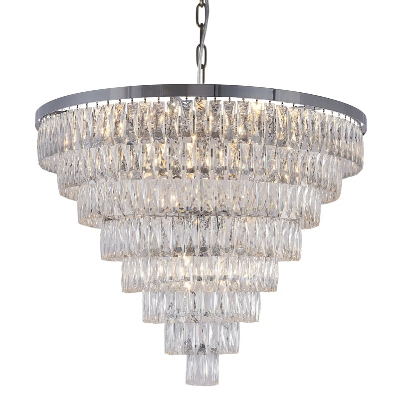 Chandeilier en fer chromé à 27 lumières avec accents en cristal transparent., Chrome