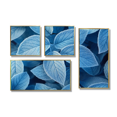 Frost Blue Leaves Tranquility II - Art mural floral grand 4 pièces