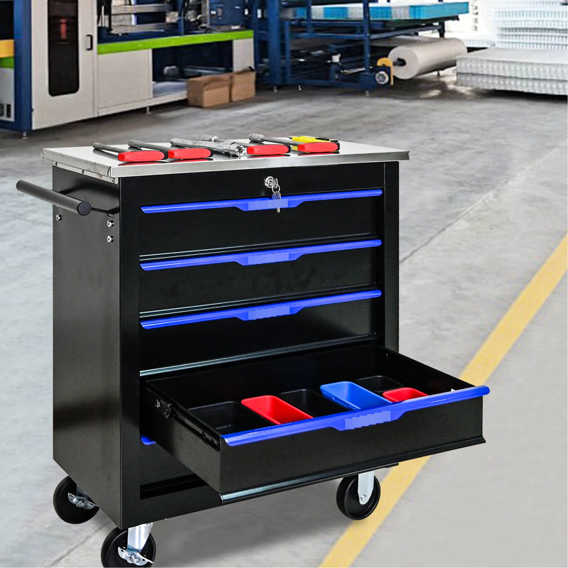 5 Drawers Workshop Cart - Black Blue, Removable And Attachable, 4" , Functional One Side With Pull Handle, Spacious Interior