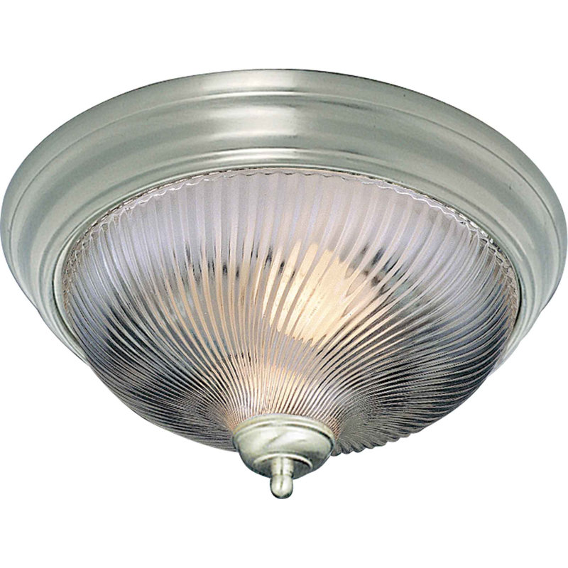 2-Light Indoor 13"W Brushed Nickel Simple Round Flush Mount with Clear Ribbed Glass Bowl Shade, Brushed Nickel
