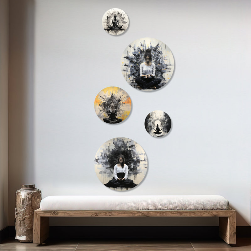 Minimalisme médiation en noir et blanc - ensemble de 5 art mural yoga rond