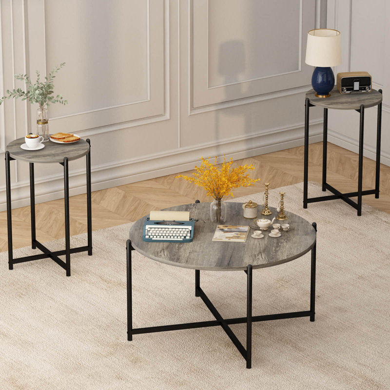 Ensemble de tables basses rondes de 3, 1 table basse et 2 tables de canapé, ensemble de tables de salon avec plateau rond et base en métal pour appartement, bureau