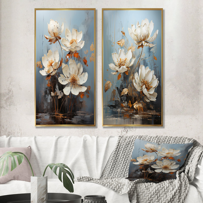 Ensemble de 2 décorations murales lotus lotus au clair de lune, Encadrement doré, H 40 po x l 41 po