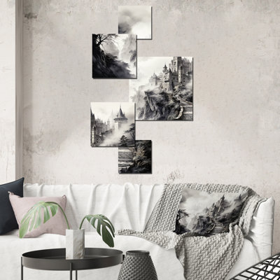 Château féerique gris féerique - ensemble d'art mural carré fantaisie