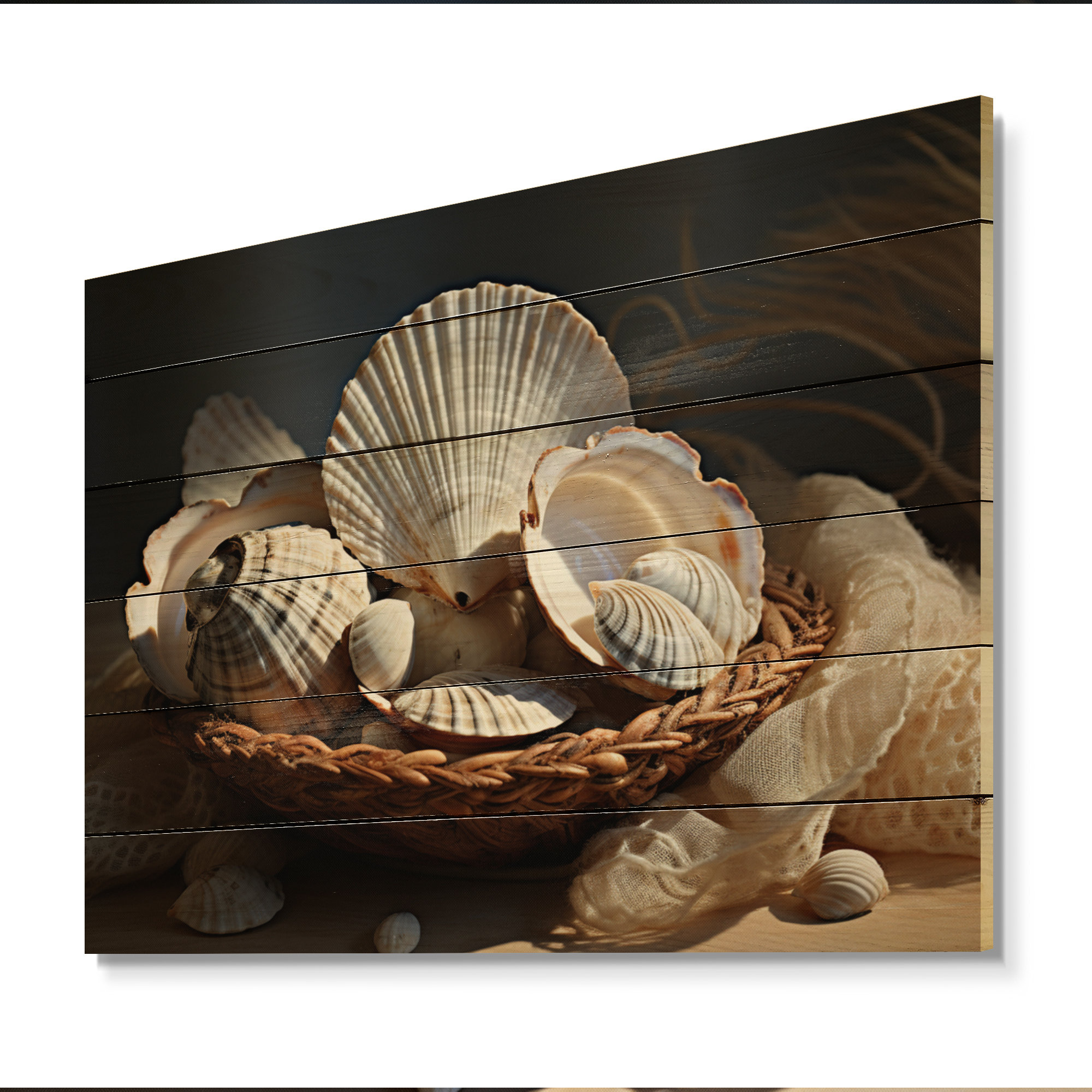 Rosecliff Heights Beach Photo Seashell Basket On Wood Print