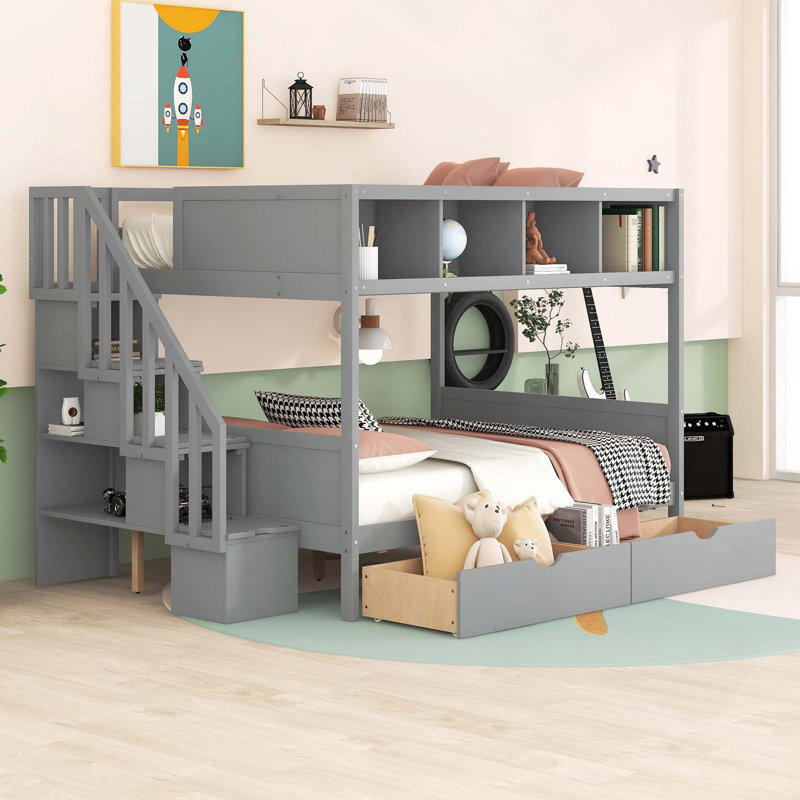Lit superposé simple au-dessus de double avec tablettes, escalier de rangement et 2 tiroirs de rangement, Grey
