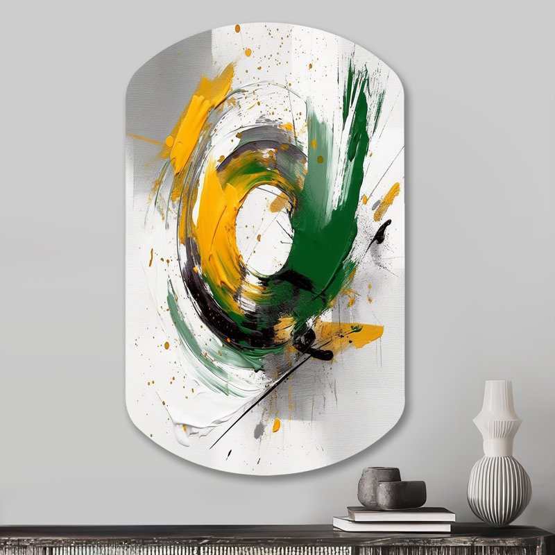«Yellow and Green Abstracted Perspectives III - Cylindre abstrait en métal, reproduction d'art asymétrique moderne