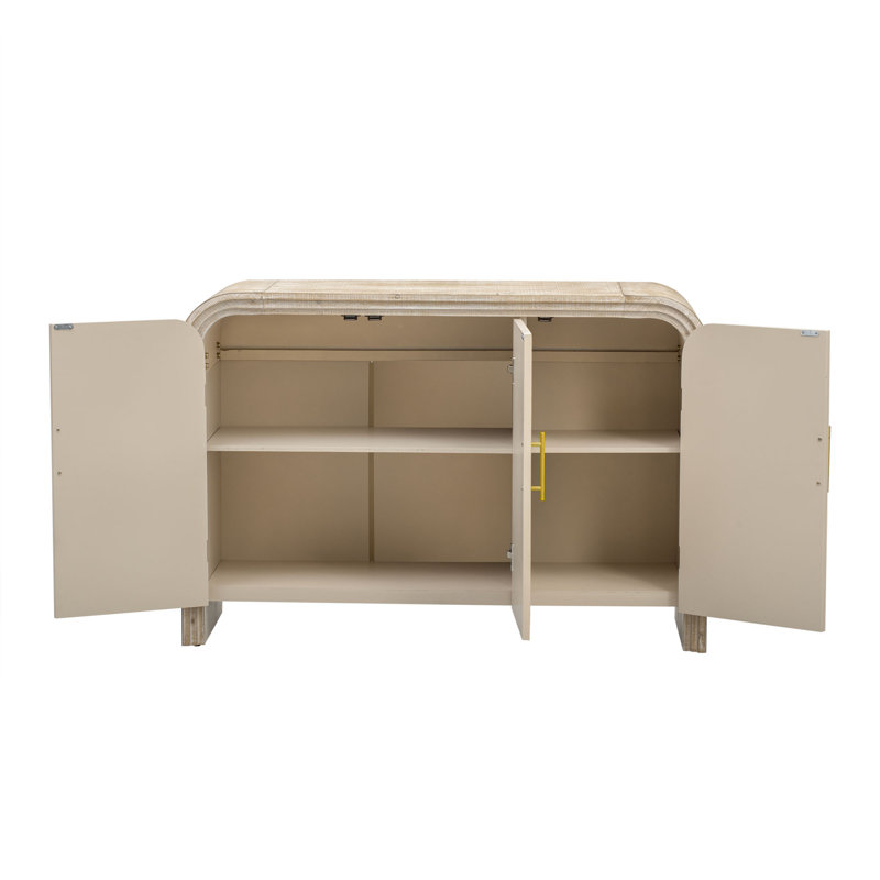 Retro Minimalist Curved Sideboard with Gold Handles and Adjustable Dividers, Natural Wood Wash