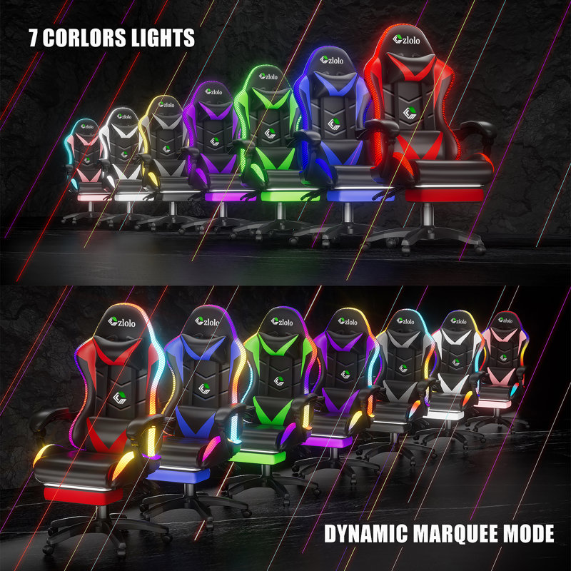 RGB LED Lights Gaming Chair with Footrest and Lumbar Massager for Adults and Kids, White