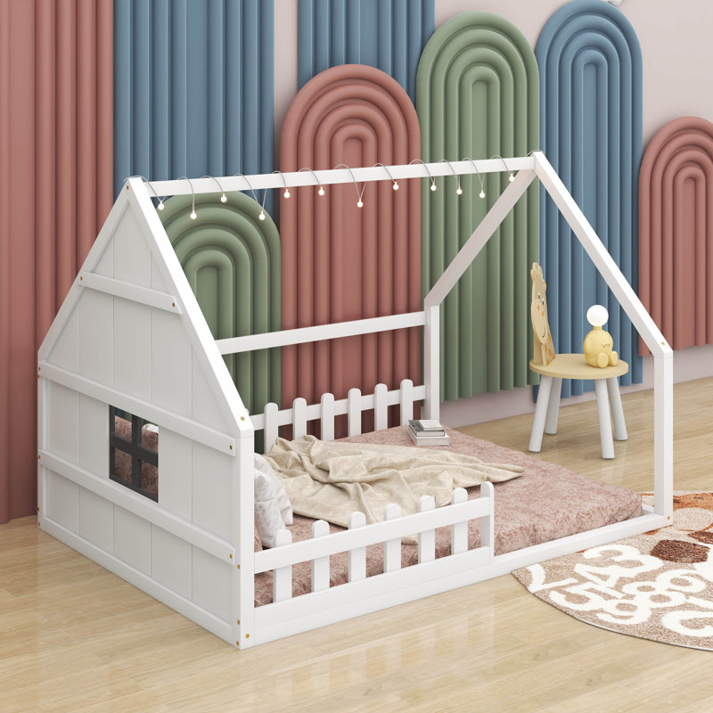 Lit double en bois avec clôture, Blanc