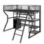 Lit mezzanine double en métal avec poste de travail intégré, garde-robe ouverte, DEL et rangement multiple
