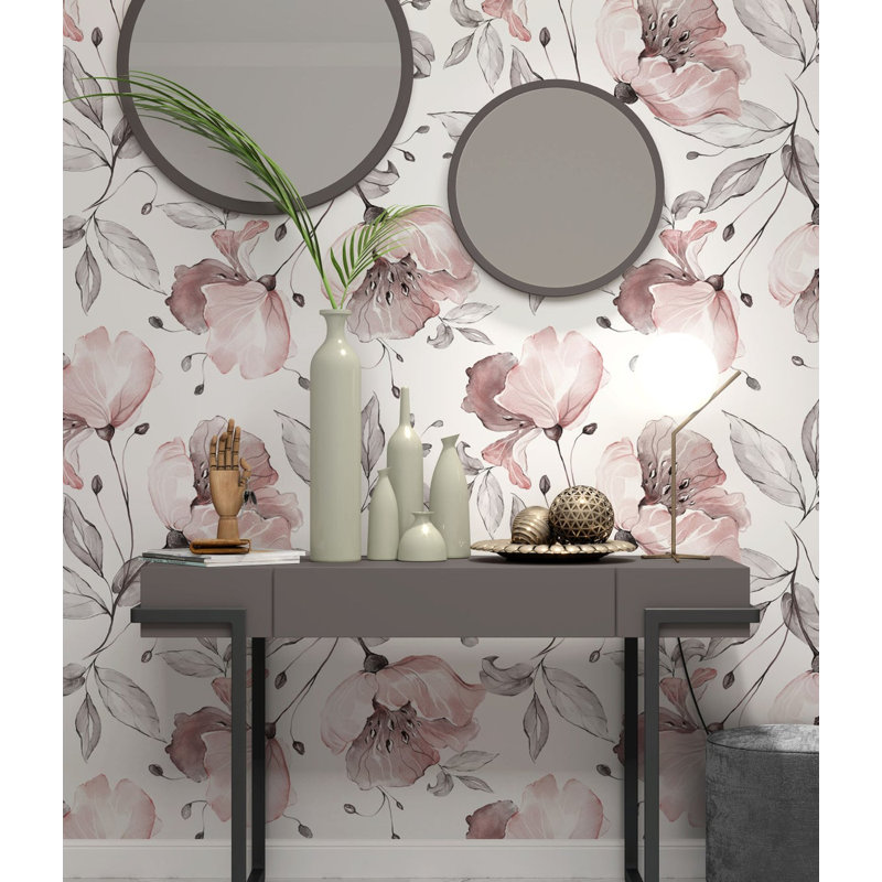 Papier peint amovible à motif de fleurs roses et de feuilles grises, L 98,04 po x l 150 po