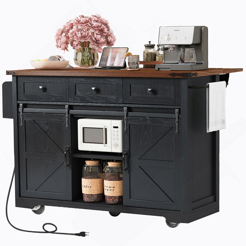 53.7" Farmhouse Kitchen Island With Power Outlet, 2 Sliding Barn Door Kitchen Storage Island With Drop Leaf, Spice Rack Rolling Kitchen Cart On Wheels, For Home, Kitchen And Dining Room, Black