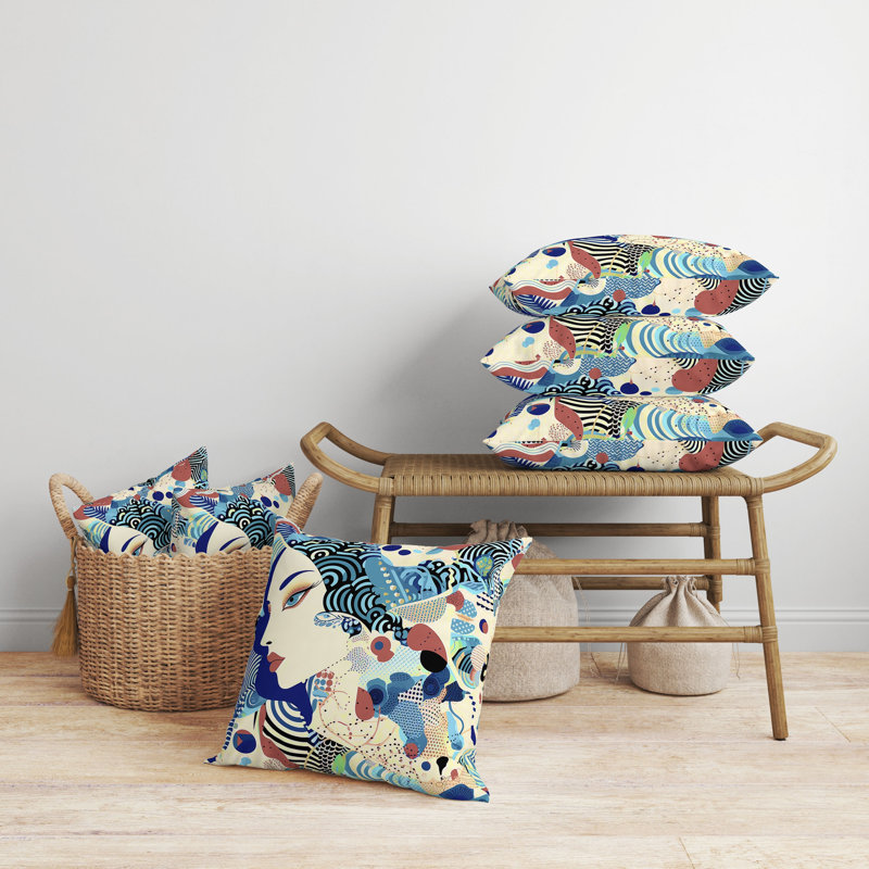 Geometric Square Cushion, 51cm H x 51cm W, Blue/Cream Geometric