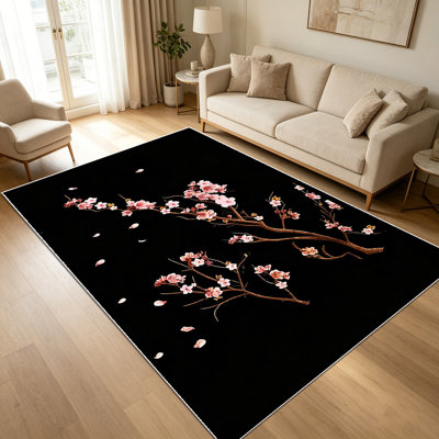 Tapis à motif floral de 1 fleur de cerisier rose 1 pièce pour le salon, doux et confortable, convient à toutes les saisons, facile à entretenir, lavable à la machine, tapis de dessous de table convenant à la table à manger, à la chambre à coucher, à la cuisine, au porche,