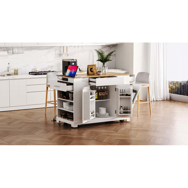 K&K Fluted Kitchen Island With Trash Can Storage Cabinet, Power Outlet, Internal Storage Rack, Rolling Kitchen Islands On 5 Wheels With 3 Drawer, 3 Open Side Racks For 10 Gallon Garbage Bin, White